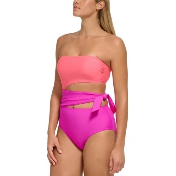 DKNY One Piece Swimsuit Removable Strap Cutouts Tie Waist Colorblock Pink 12 - Picture 1 of 6